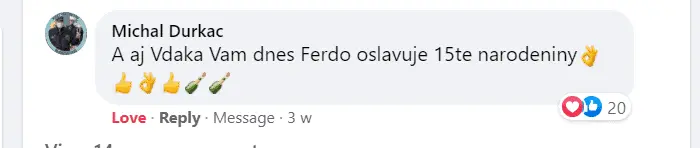 Pozitívna recenzia na sociálnej sieti na MVDr. Pavol Valašek, vďaka ktorému pán ďakuje že jeho domáci mazlíček žije už 15 rokov.
